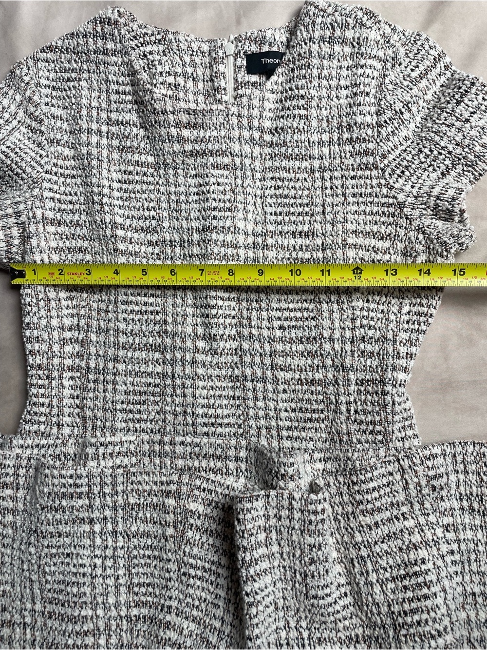 Theory Ivory and Black Tweed Short-Sleeve Fit & Flare Dress - Picture 8 of 13
